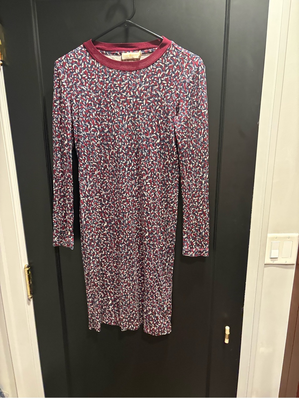 Tory Burch Maroon Multi-Print Long Sleeve Dress 100% silk size xs